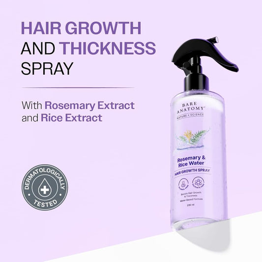 Bare Anatomy Rosemary & Rice Water Hair Growth Spray | Boosts Thickness | Controls Hair Fall |